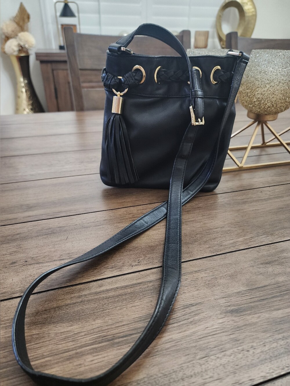 Michael Kors Black Crossbody Drawstring Bucket Bag with Tassel
